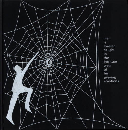 This is the cover of the Spectrum yearbook from 1971. It pictures a white outline of a man caught in a web. On the side the text reads, "man is forever caught in the intricate web of his preying emotions" The color of the man, the web, and the writing is white while the background color is black.