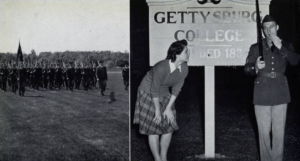 Spectrum yearbook 1943. Woman interacts with ROTC student. ROTC students march.